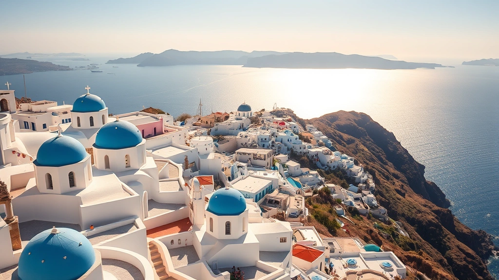 Iconic white-washed Cycladic architecture with blue-domed churches and terraced buildings cascading down volcanic cliffsides toward the sparkling Aegean Sea at golden hour in Santorini Greece