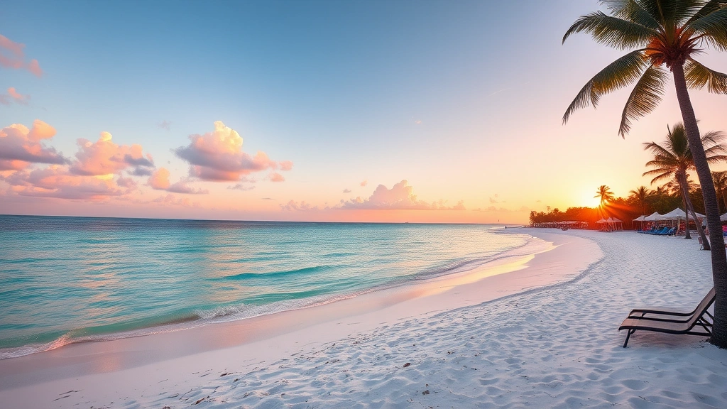 Pristine white sand beach at Siesta Key Sarasota with turquoise Gulf waters, palm trees swaying, beach umbrellas and lounge chairs dotting the shore, golden hour sunset lighting, photorealistic travel destination photography