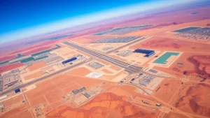 Aerial view of Phoenix Sky Harbor International Airport with red desert landscape surrounding the runways and taxiways, clear blue sky, daytime photography