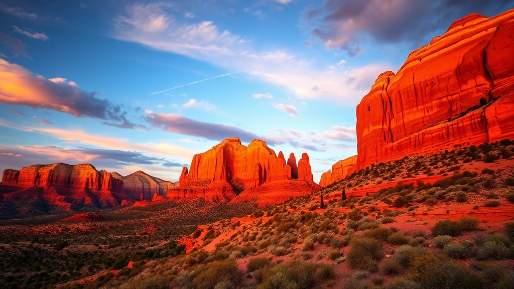 Sedona Arizona red rock formations with Cathedral Rock in foreground, golden hour sunset lighting, vibrant crimson and orange hues, dramatic landscape photography