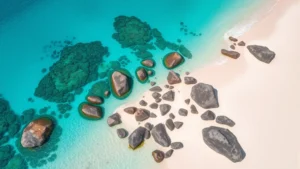 Aerial view of turquoise Seychelles beaches with granite boulders and white sand, crystal clear waters, tropical island paradise, daytime, photorealistic