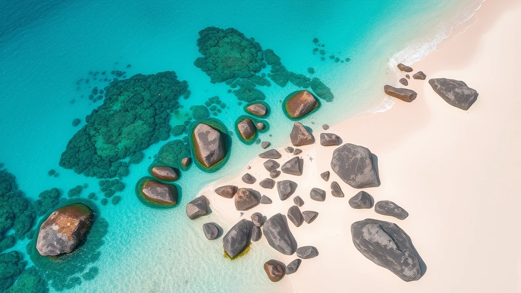 Aerial view of turquoise Seychelles beaches with granite boulders and white sand, crystal clear waters, tropical island paradise, daytime, photorealistic