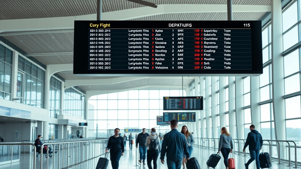 Modern airport terminal interior with departure board displaying international destinations, travelers with luggage, bright natural lighting, contemporary architecture