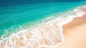 Turquoise ocean waters meeting pristine white sand beach at South Padre Island, sunset golden hour lighting, waves gently rolling, tropical paradise atmosphere, no people visible, photorealistic travel photography