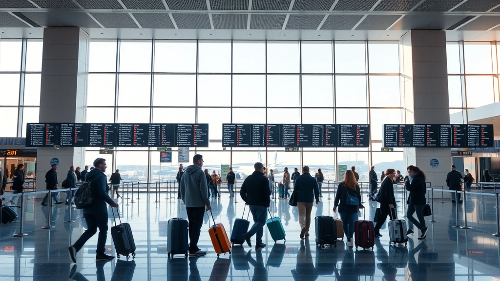 Modern airport terminal interior with departure boards, travelers with luggage, natural light from large windows, busy but peaceful atmosphere, commercial aviation hub, photorealistic travel scene