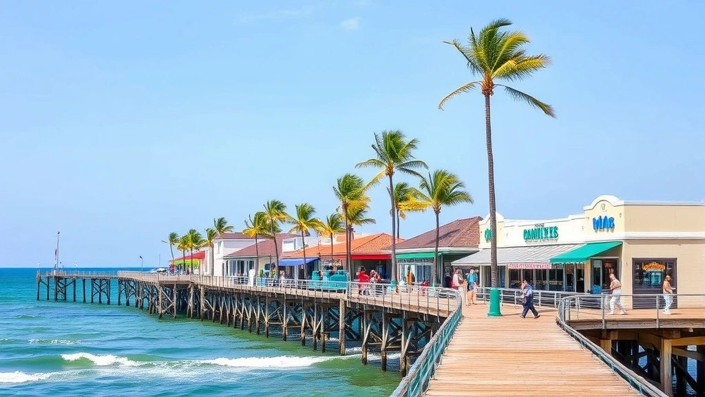 South Padre Island beachfront boardwalk with shops and restaurants, wooden pier extending into blue water, palm trees swaying, clear sky, vibrant coastal town energy, no visible text or signs, photorealistic destination photography