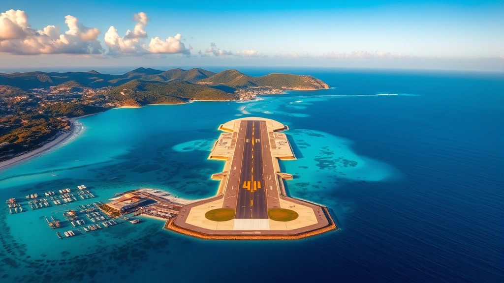 Aerial view of Gustaf III Airport runway surrounded by turquoise Caribbean waters and lush green St Barts coastline during golden hour sunset