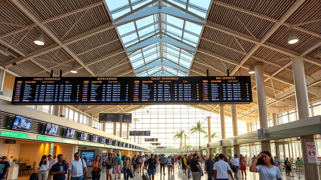 Bustling San Juan airport terminal interior with departure boards, diverse travelers, modern architecture, and tropical natural lighting