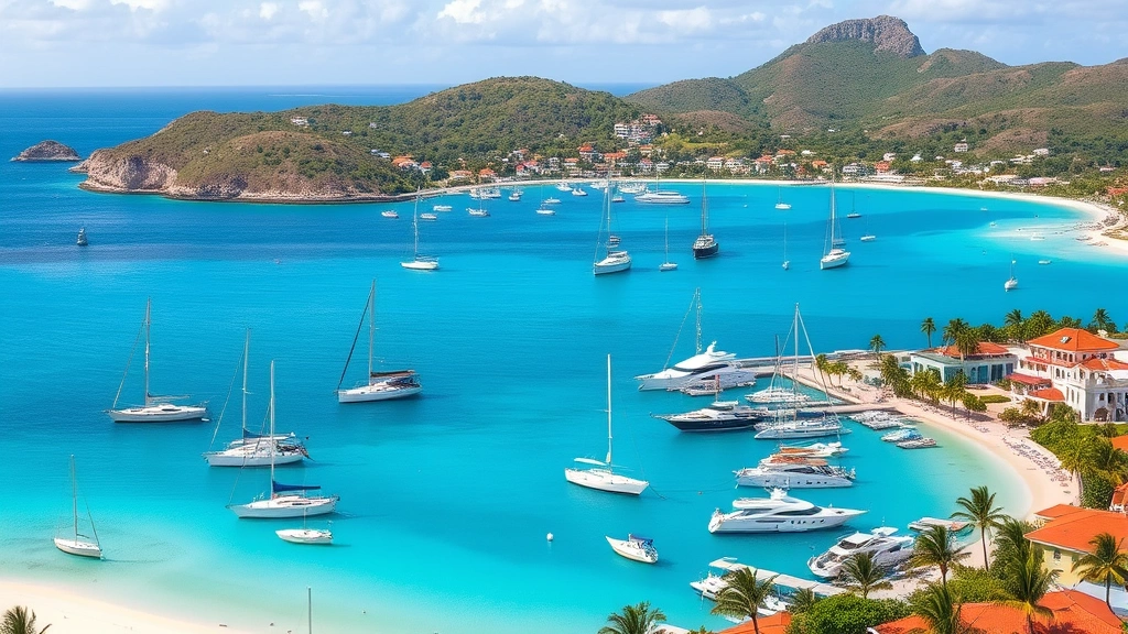 Panoramic view of St Barts harbor with colorful sailboats anchored near white sand beaches, palm trees, and French colonial architecture