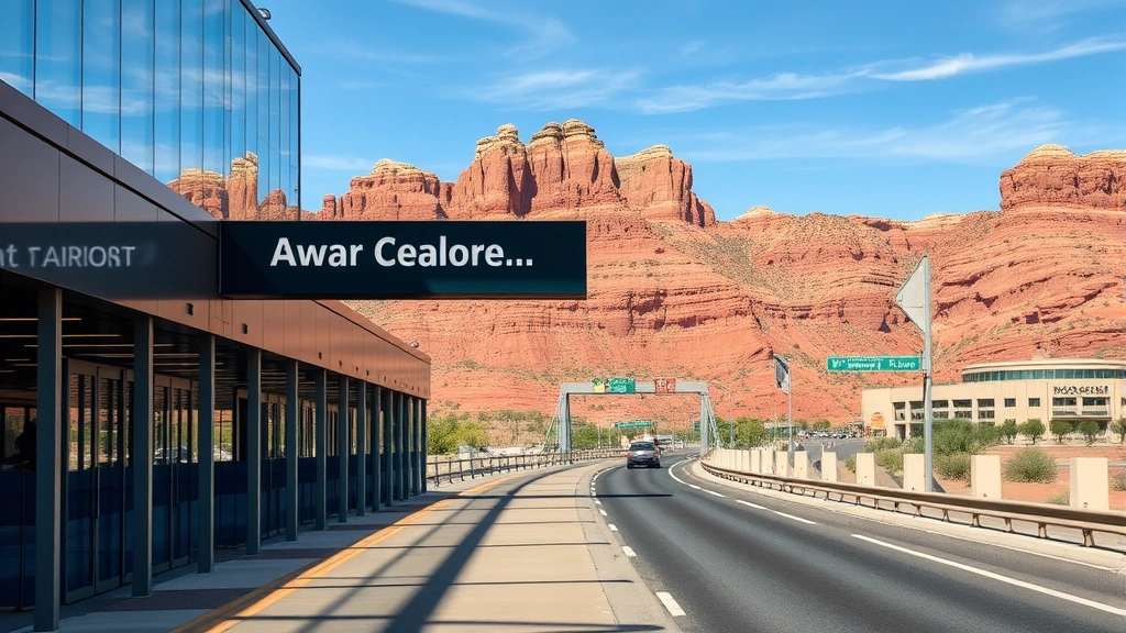 Phoenix Sky Harbor International Airport modern terminal interior with gates and natural lighting, or scenic desert highway driving toward red rock formations
