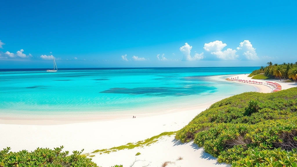 Pristine white sand beach with turquoise Caribbean water, colorful beach umbrellas, and tropical vegetation under bright sunshine