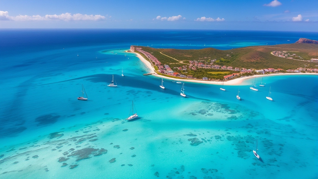 Aerial view of St Maarten island showing crystal clear blue ocean, sailboats, palm-lined beaches, and resort buildings scattered along coastline