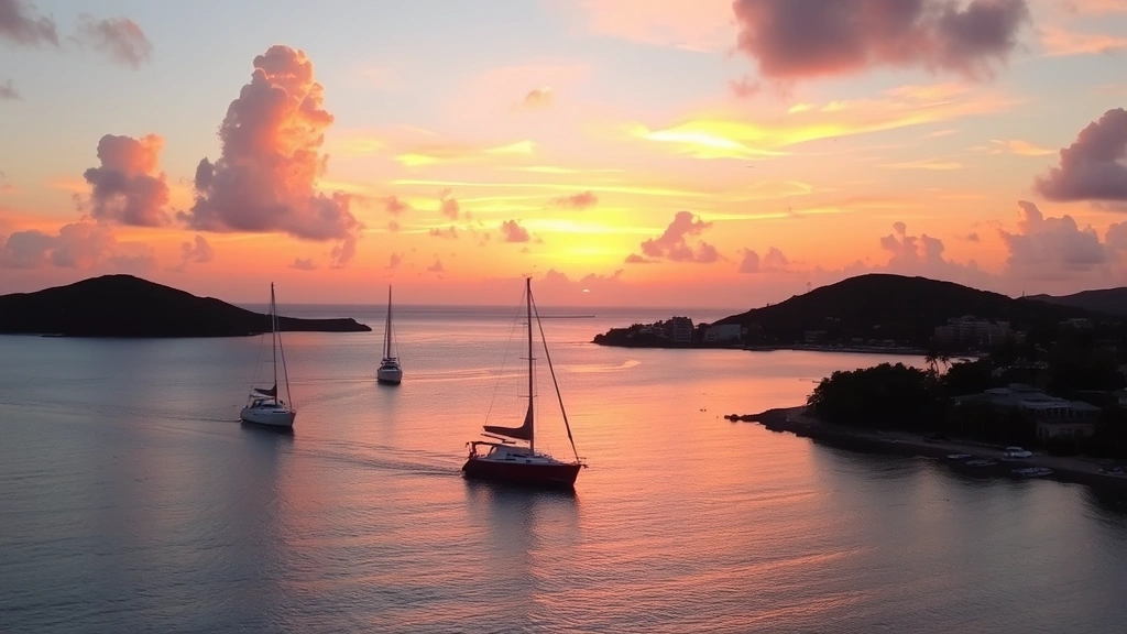 Sunset over St Maarten with sailboats silhouetted against orange and pink sky, calm turquoise water, and tropical island landscape