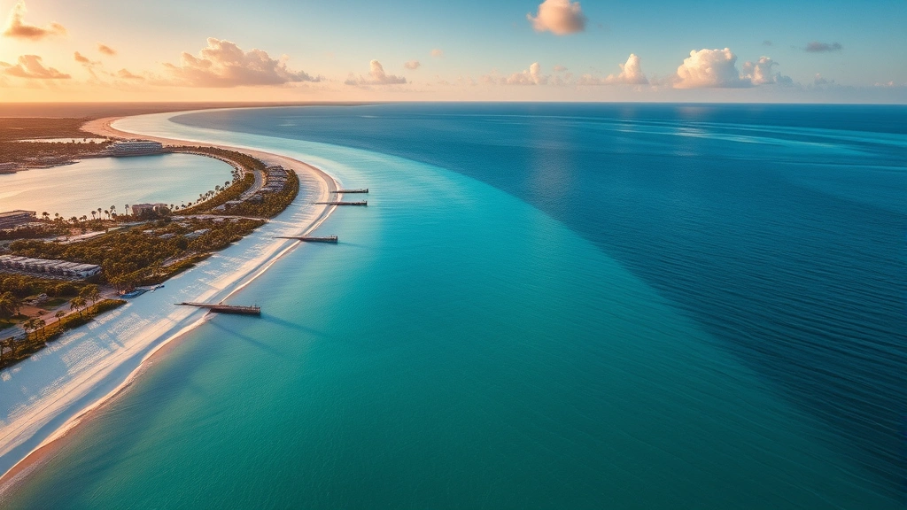 Aerial view of Tampa Bay coastline with turquoise waters, white sand beaches, and palm trees at sunset, photorealistic travel photography