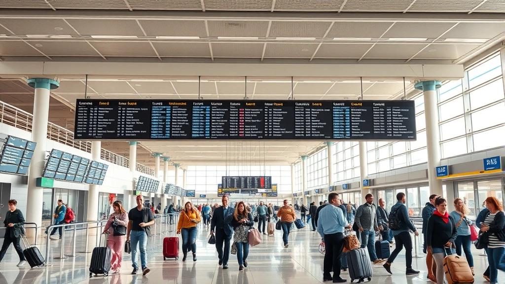 Modern airport terminal interior with departure boards, travelers with luggage, natural lighting, bustling atmosphere, photorealistic
