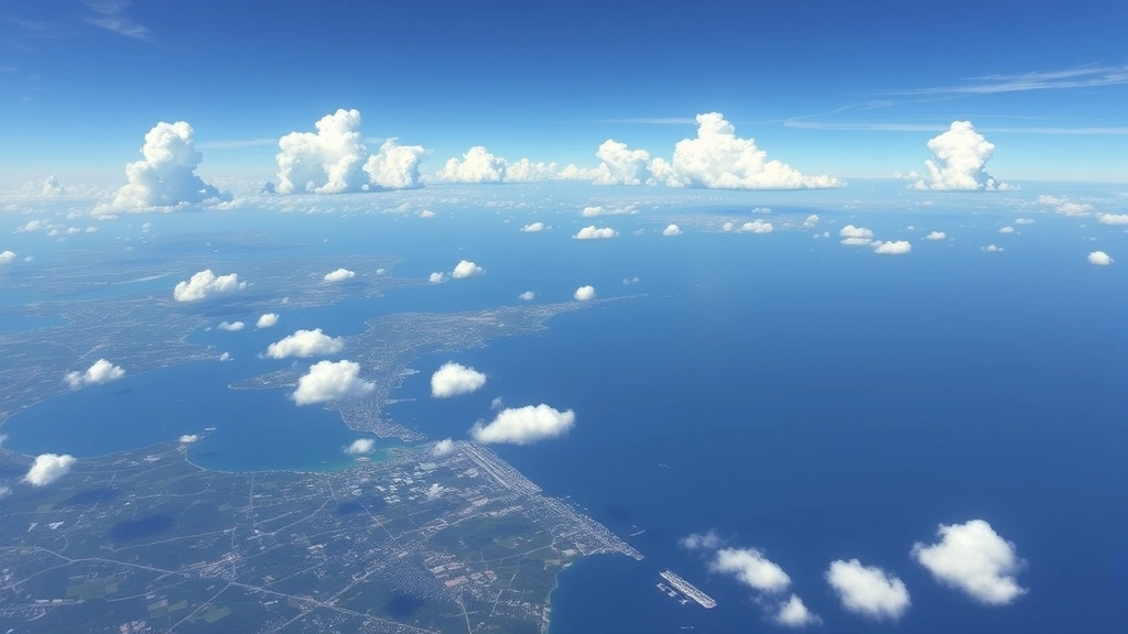 Philadelphia to Florida flight path visualization over coastal landscape, blue sky with cumulus clouds, photorealistic travel concept