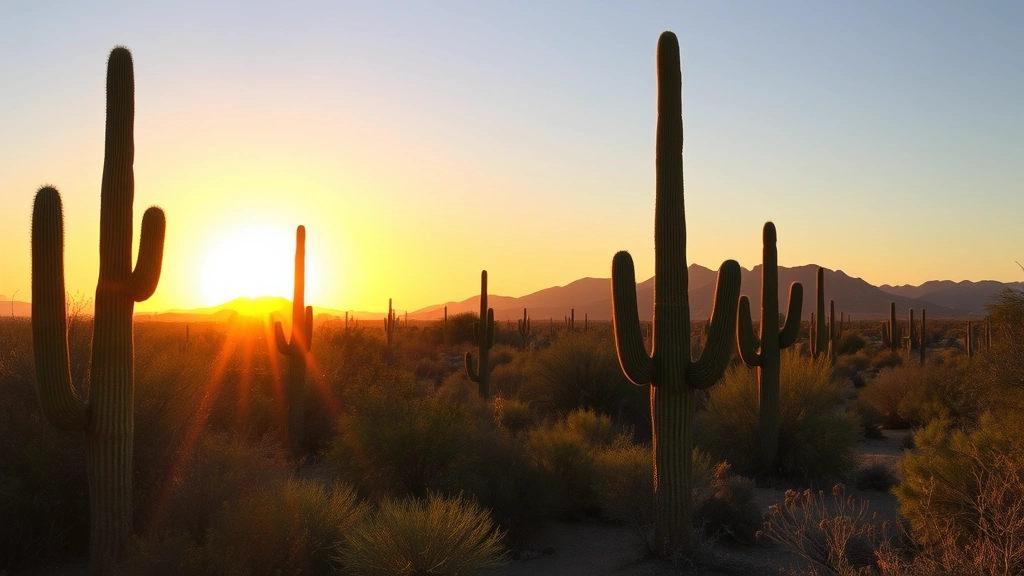 Desert sunrise over Saguaro National Park near Tucson Arizona with iconic tall cacti silhouettes against golden sky