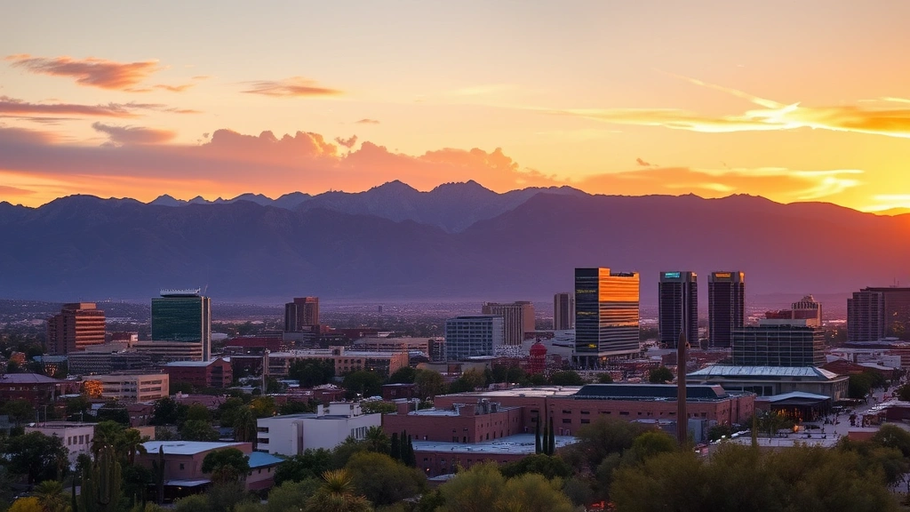Tucson downtown skyline at sunset with Santa Catalina Mountains backdrop and warm desert light