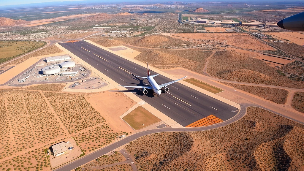 Aerial view of Tucson International Airport with desert landscape and approaching commercial aircraft
