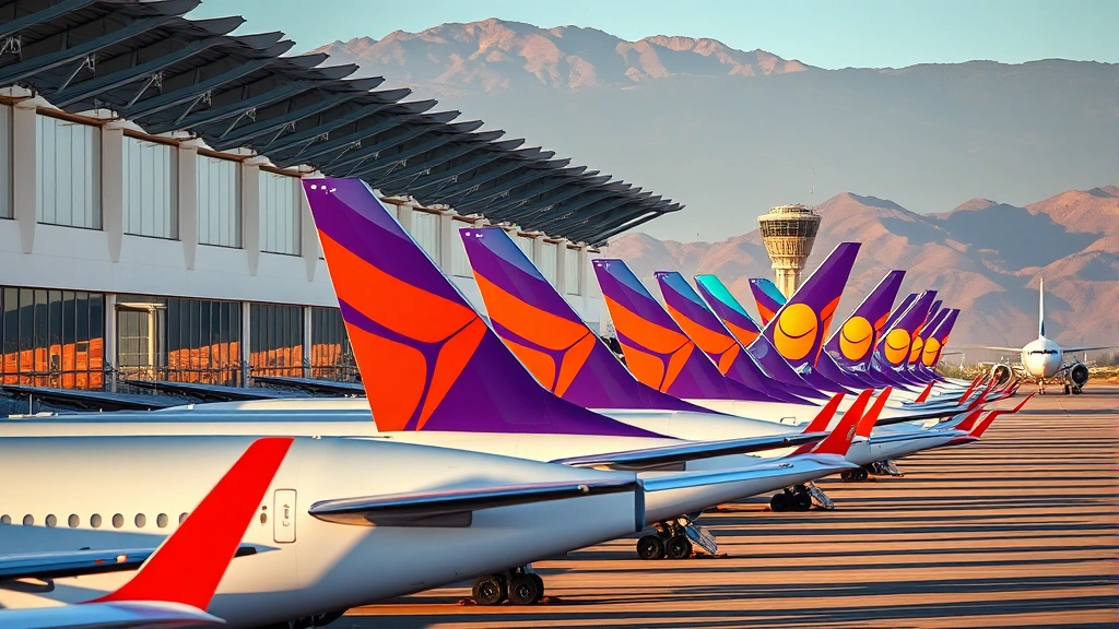 Colorful aircraft tails lined up at Tucson International Airport terminal, modern aviation infrastructure, morning light, professional travel photography