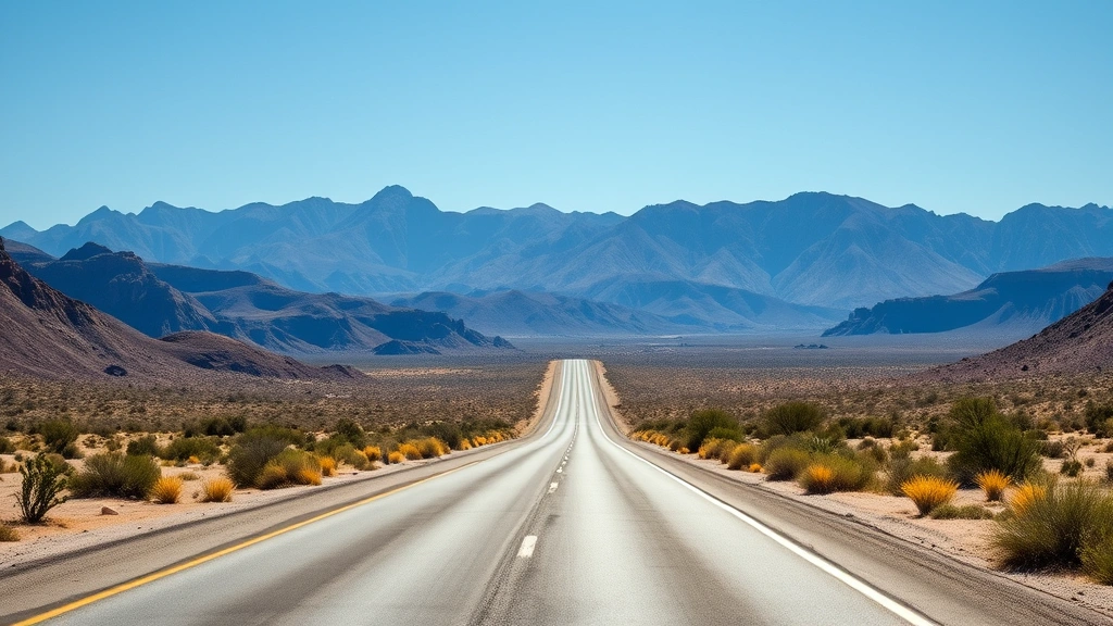 Scenic highway stretching through Arizona desert landscape with mountains in distance, desert vegetation, clear blue sky, road trip perspective