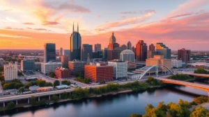 Aerial view of Tulsa skyline at golden hour with Arkansas River in foreground, modern downtown buildings reflecting sunset light, vibrant orange and pink sky