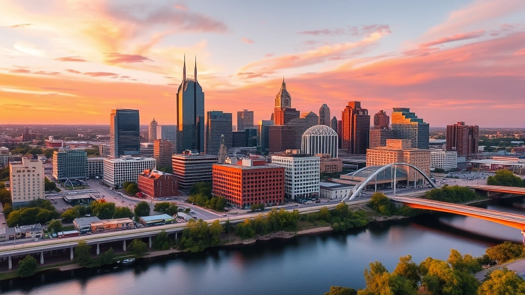 Aerial view of Tulsa skyline at golden hour with Arkansas River in foreground, modern downtown buildings reflecting sunset light, vibrant orange and pink sky