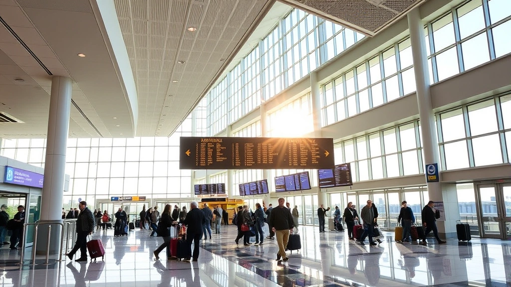Tulsa International Airport (TUL) terminal interior with departure boards, travelers with luggage, modern glass architecture, bright natural lighting from large windows