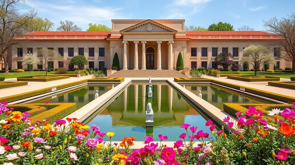 Philbrook Museum of Art exterior with formal gardens, reflecting pools, classical architecture surrounded by manicured landscaping and blooming flowers in spring