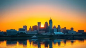 Vibrant Tulsa skyline at sunset with modern buildings and downtown architecture reflected in water, golden hour lighting, photorealistic