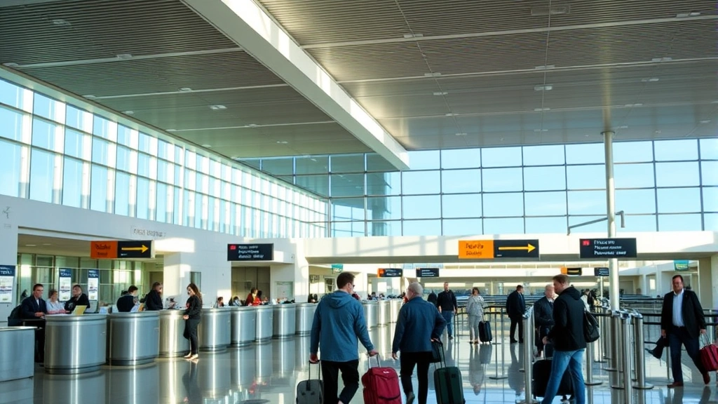 Tulsa International Airport terminal interior with modern check-in counters, travelers with luggage, bright natural lighting, professional travel scene