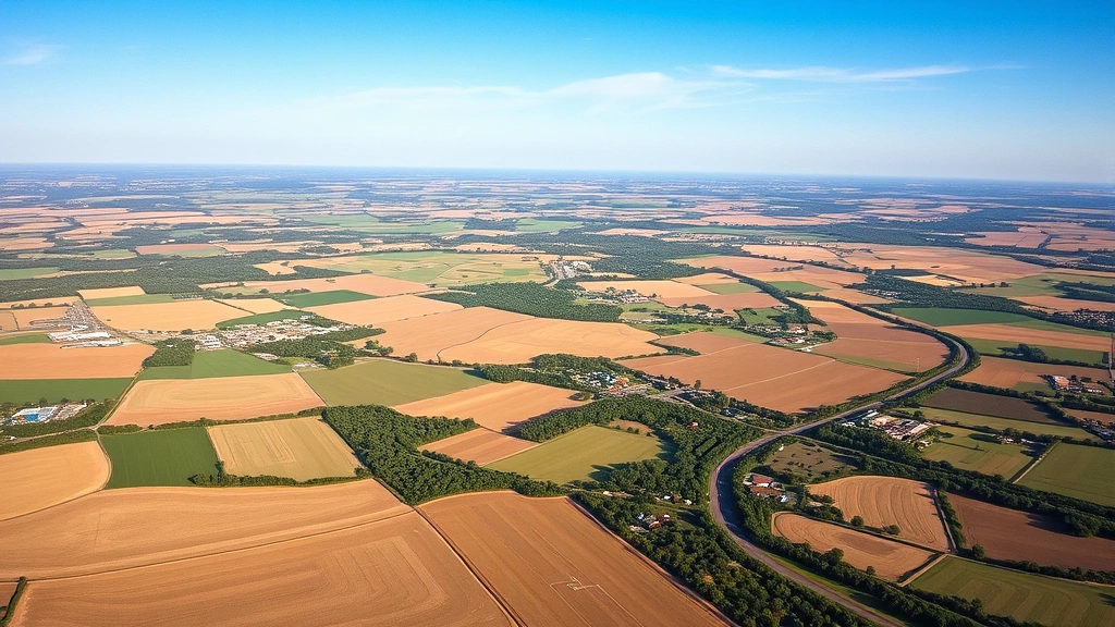 Aerial view of Oklahoma landscape with rolling hills, farmland, and blue sky, showing the natural beauty surrounding Tulsa region