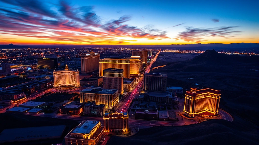 Aerial view of Las Vegas Strip at sunset with iconic hotels and casinos glowing, desert landscape surrounding the city