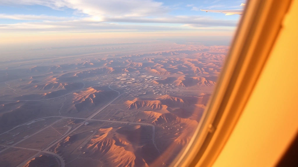 Airplane window view during flight descent over desert terrain approaching Las Vegas valley at golden hour