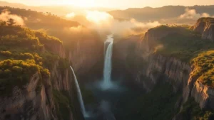 Aerial view of Angel Falls waterfall cascading down mountainous landscape with mist and lush green vegetation, dramatic natural wonder in golden afternoon light