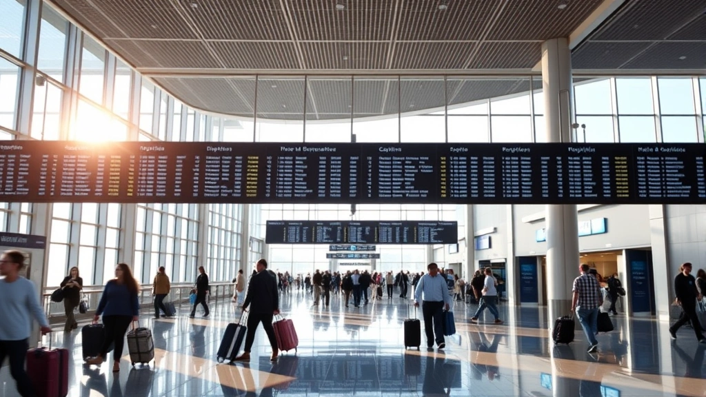 Modern airport terminal interior with departure boards, travelers with luggage, and natural light streaming through large windows, busy international gateway hub