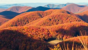Aerial view of Green Mountains covered in vibrant autumn foliage, rolling hills with patches of red and golden trees, scenic valley below, New England landscape, natural colors, daylight