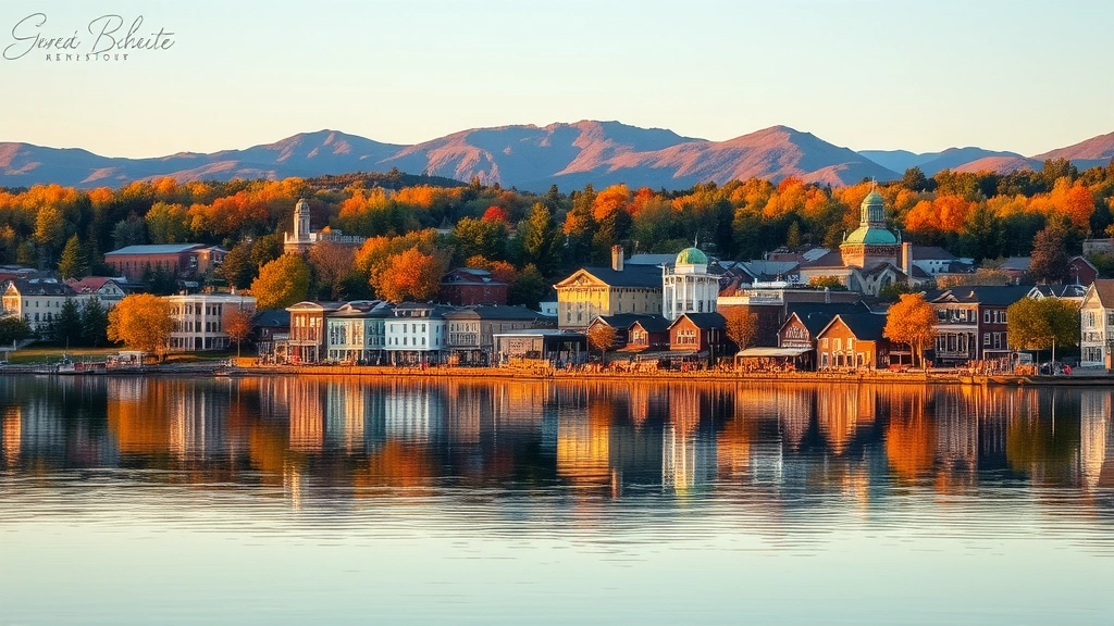 Burlington Vermont waterfront with Lake Champlain, historic downtown buildings reflected in water, autumn trees, mountains in background, golden hour lighting, travel destination photography