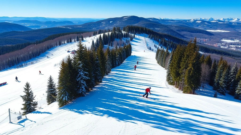 Ski slope with fresh powder at Vermont mountain resort, skiers descending, evergreen trees, clear blue sky, winter travel destination, scenic alpine landscape, adventure sports