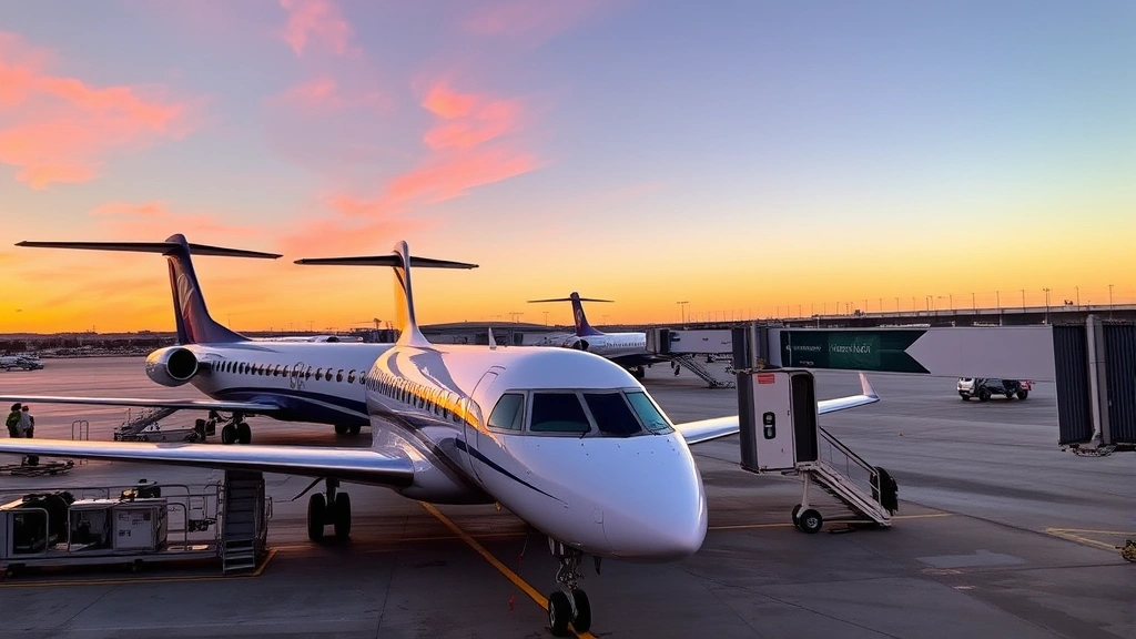 Modern regional jet aircraft parked at airport terminal gate with ground crew and equipment visible, sunset lighting, professional aviation setting