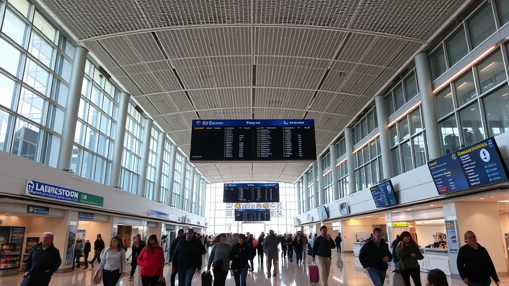 St. Louis Lambert Airport interior terminal with travelers walking, modern architecture, flight information displays, bustling hub atmosphere