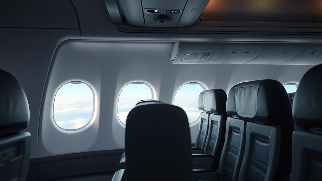 Airplane cabin interior showing empty seats and aisle during daytime flight, window showing clouds below, professional airline environment
