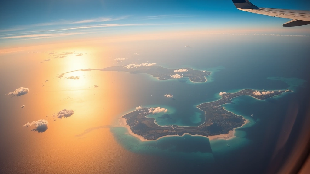 Aerial view of Hawaiian islands with turquoise ocean waters and white sand beaches, taken from airplane window during golden hour sunset, showing the vastness of the Pacific Ocean horizon