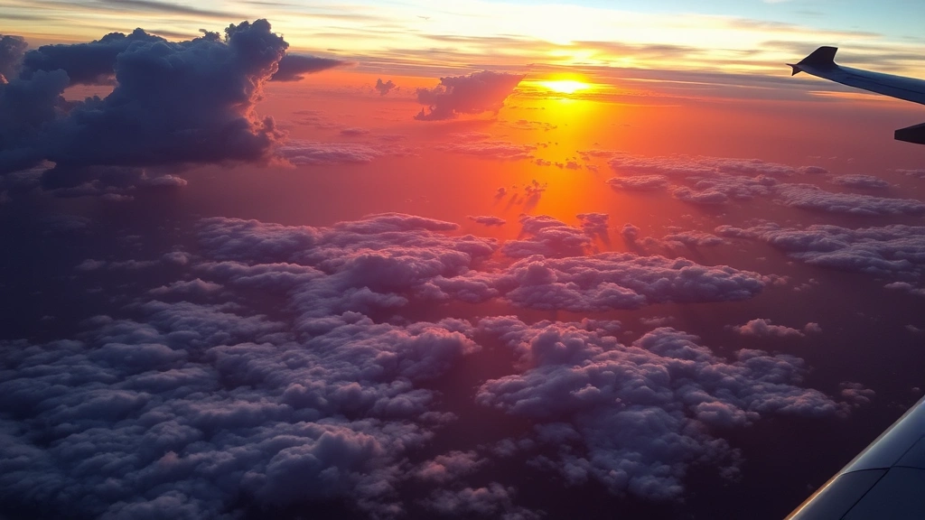 Aerial view of Pacific Ocean at sunset with aircraft wing visible, dramatic clouds below, golden hour lighting reflecting on water surface, realistic photography