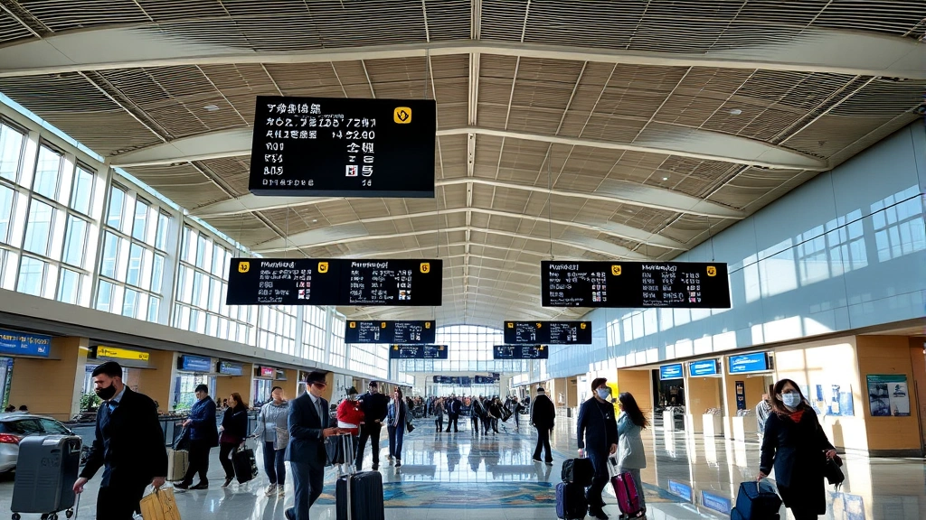 Tokyo Haneda Airport terminal interior showing modern architecture, bright natural lighting, departure boards with Japanese characters, and travelers with luggage moving through the spacious contemporary airport