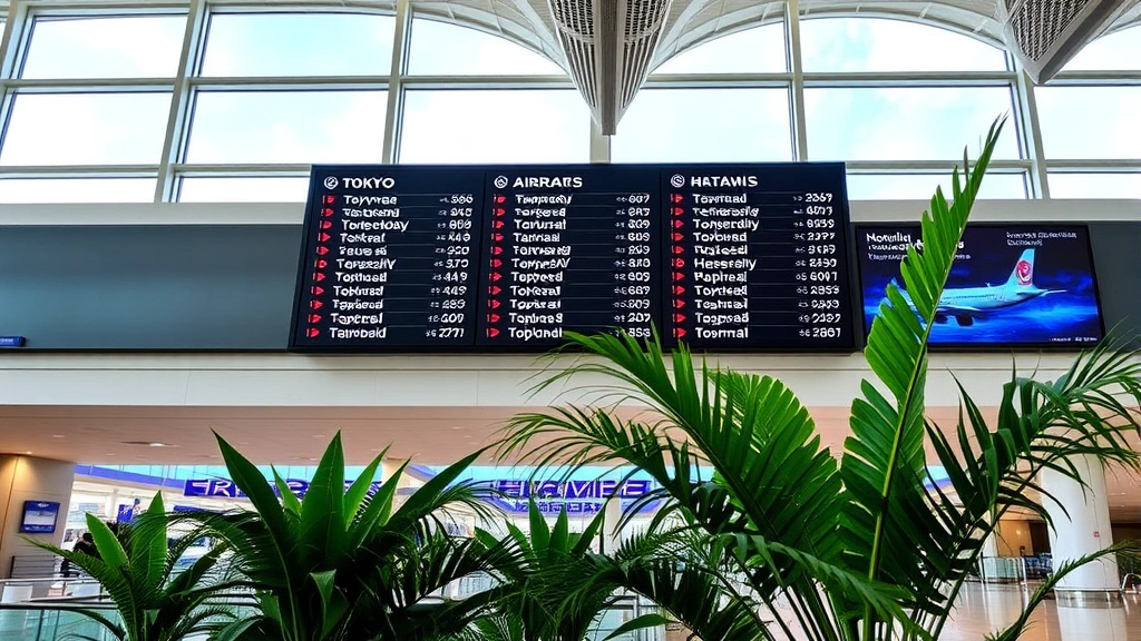Honolulu International Airport terminal interior with departure board showing Tokyo flights, tropical plants, modern architecture, realistic airport environment