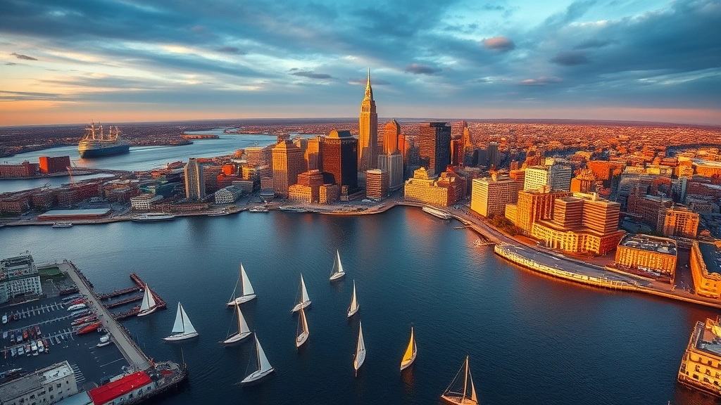 Aerial view of Boston Harbor with historic skyline, sailboats on water, Fenway Park visible in distance, golden hour sunset lighting, vibrant urban landscape photography