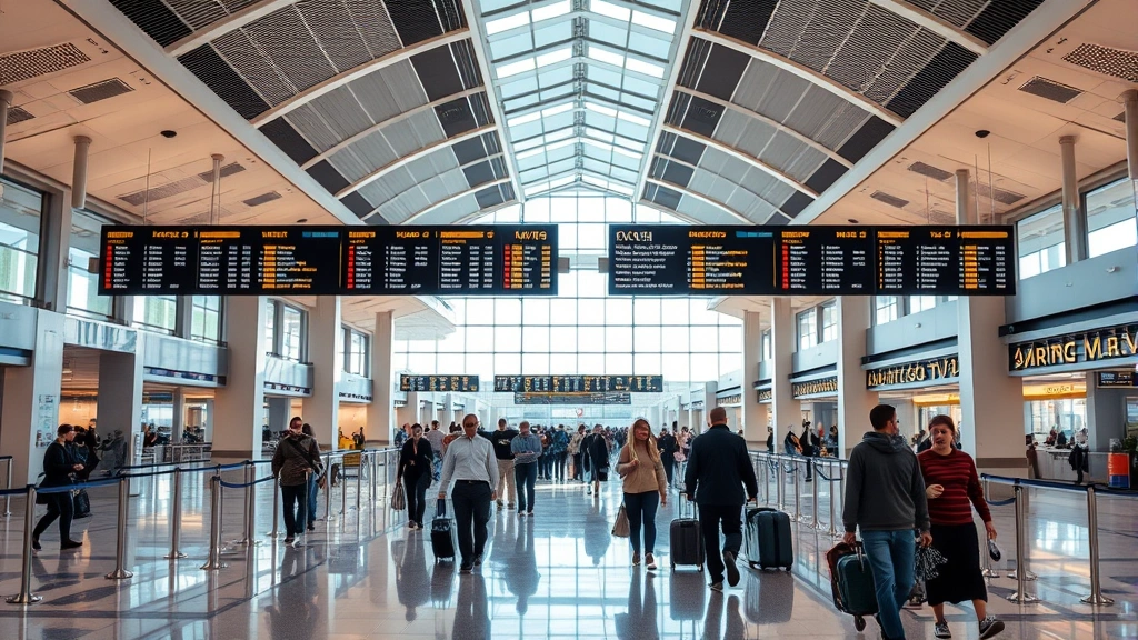 Modern airport terminal interior with travelers walking through gates, departure boards glowing, natural light streaming through windows, busy but organized travel hub atmosphere