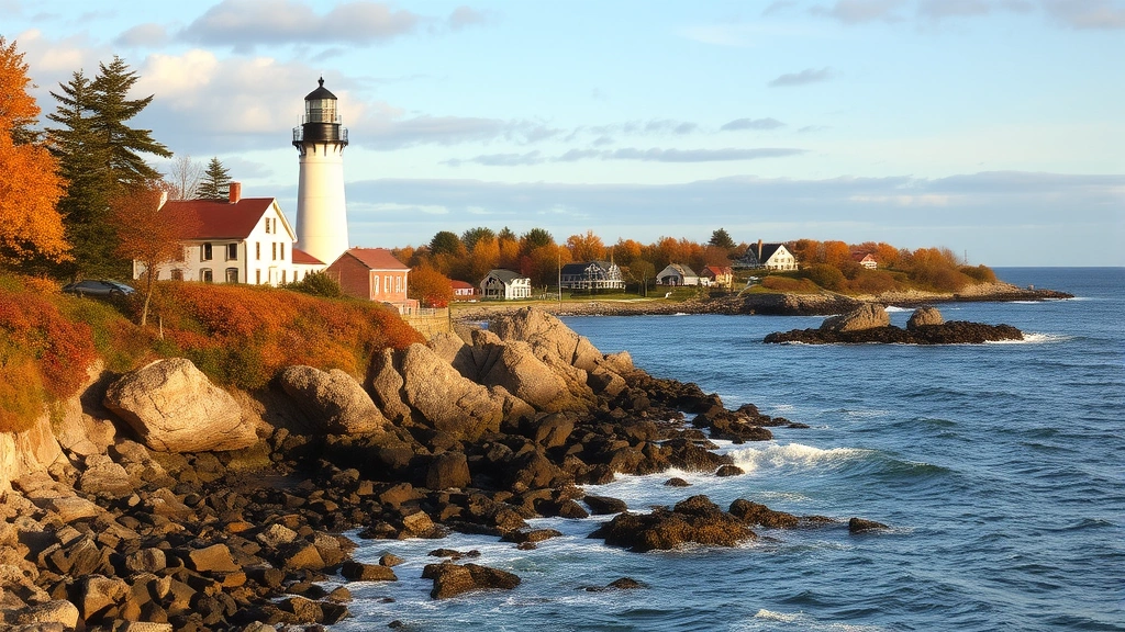 Scenic New England coastal landscape with rocky shoreline, historic lighthouse, autumn foliage trees, Atlantic Ocean waves, picturesque maritime village in background