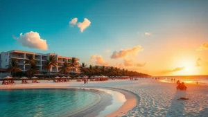 Vibrant Cancun beach resort with crystal clear turquoise water, white sand, palm trees, and beachgoers relaxing under umbrellas during golden hour sunset